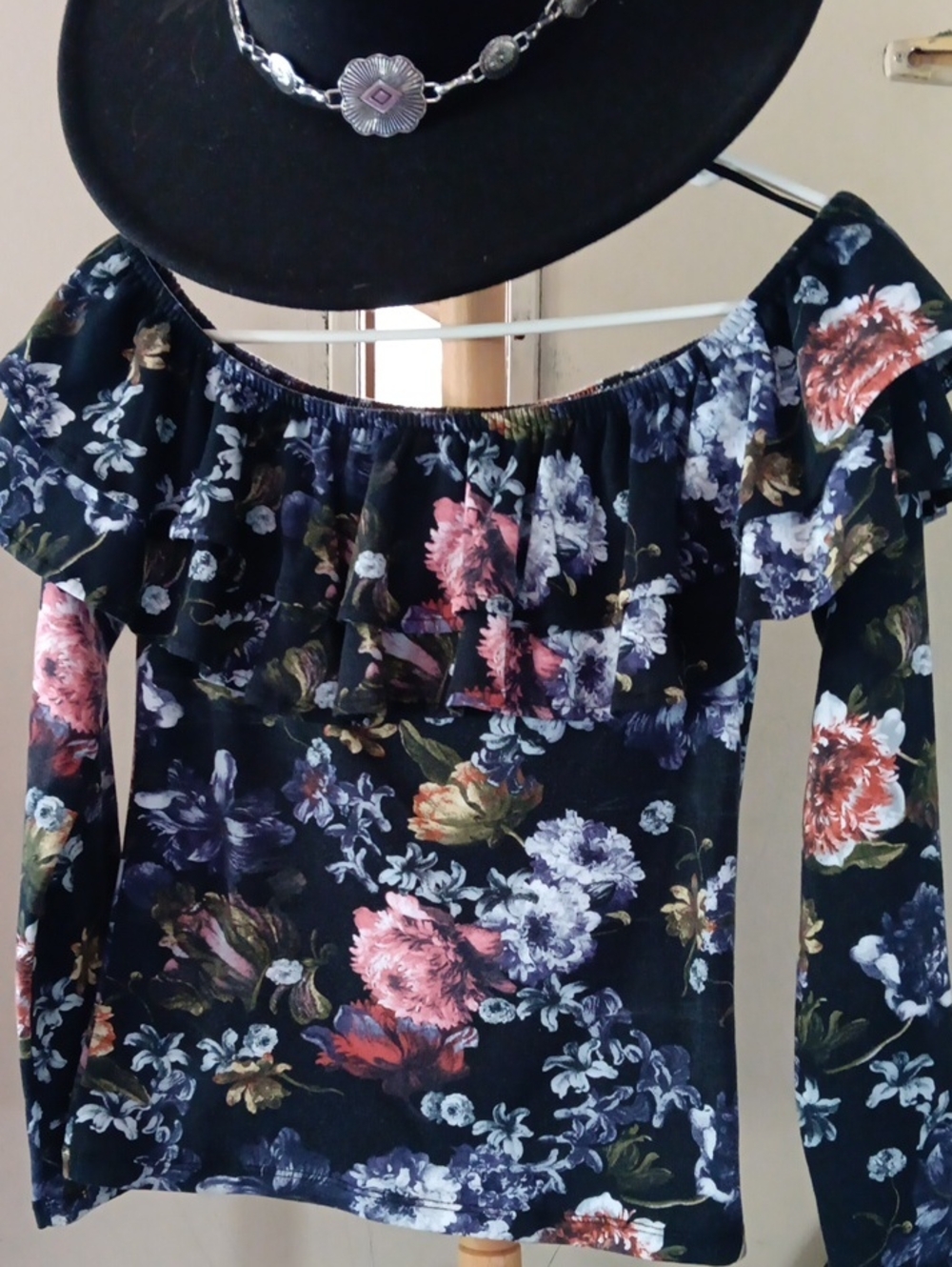 H&M Navy Blue Floral Off-Shoulder Ruffle Long Sleeve Top